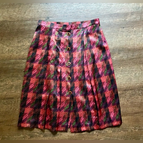 CARLISE vintage 100% silk skirt pleated pink houndstooth button front sz 12 MINT - Picture 5 of 14